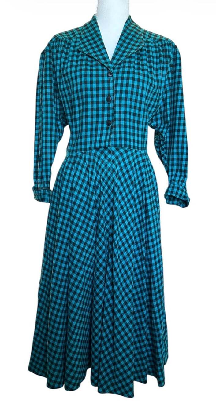 Vintage Carol Anderson Petites Size 6 Teal Black Plaid Dress